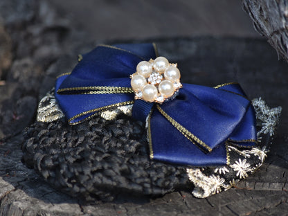 Navy & Gold Show Snood with Delicate Lace Bow