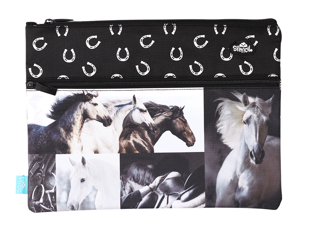 Spencil Black & White Horses A4 Twin Zip Pencil Case