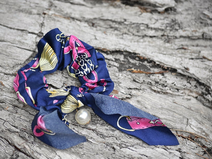 Satin Hair Scarf Scrunchies with Pearl Bead Charm