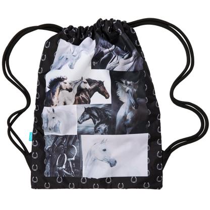 Spencil Black & White Horses Big Drawstring Bags