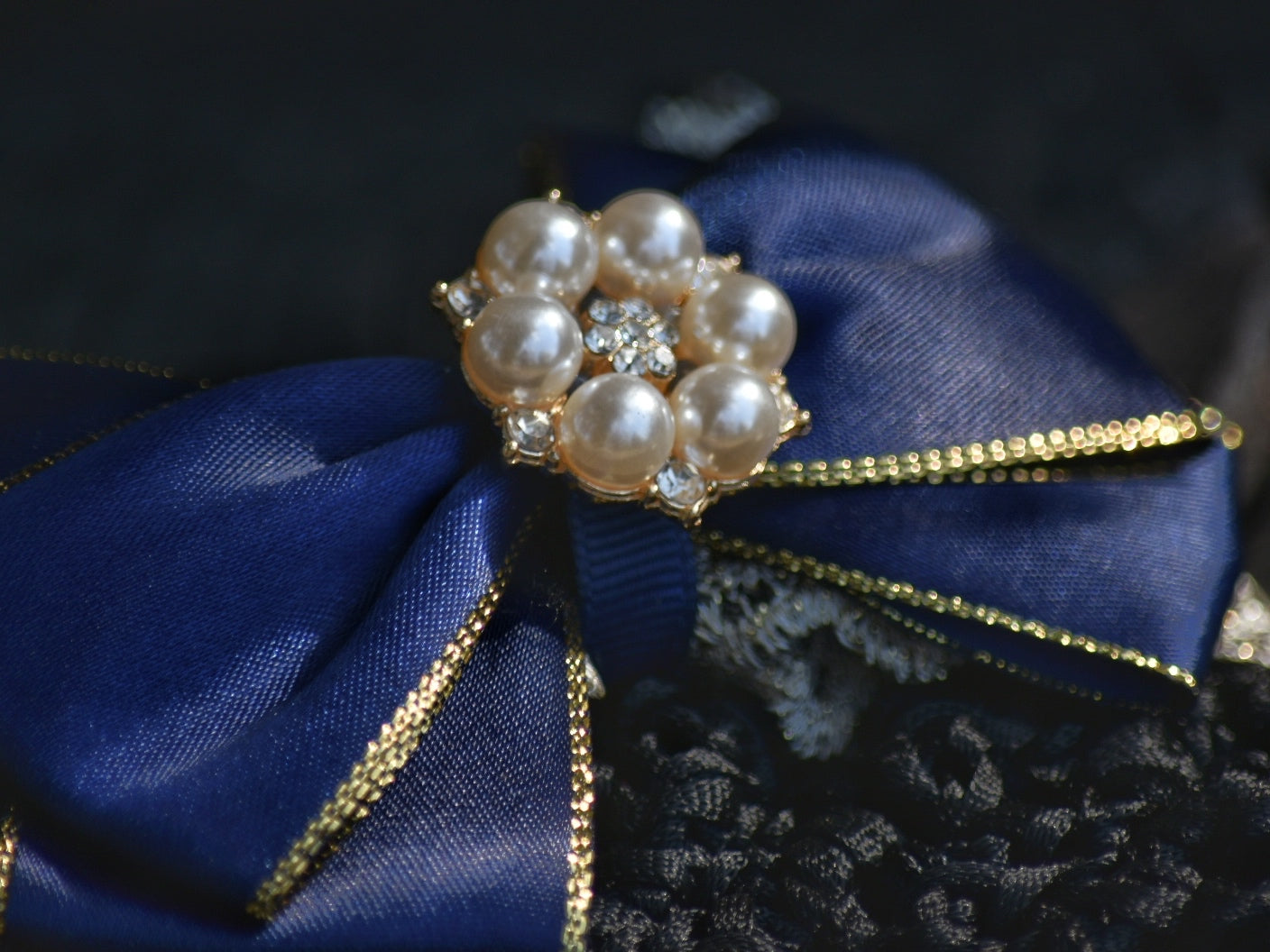 Navy & Gold Show Snood with Delicate Lace Bow