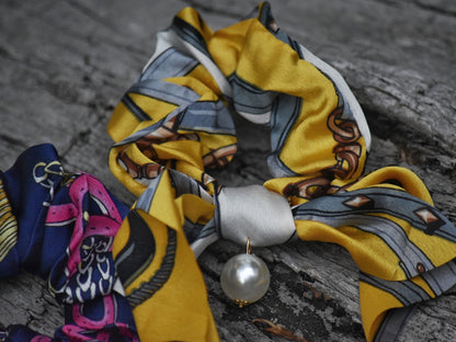 Satin Hair Scarf Scrunchies with Pearl Bead Charm