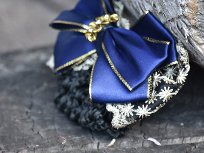 Navy & Gold Show Snood with Delicate Lace Bow