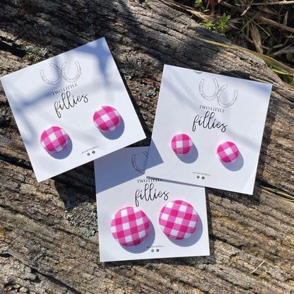 Handcrafted Hot Pink Gingham Fabric Studs