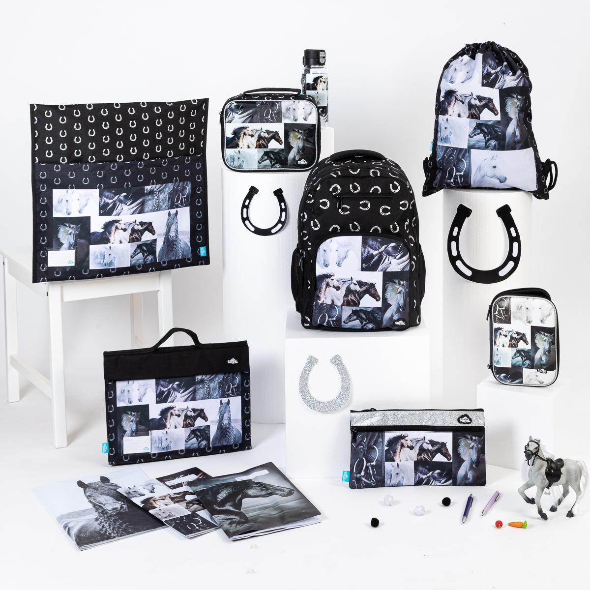 Spencil Black & White Horses Big Drawstring Bags