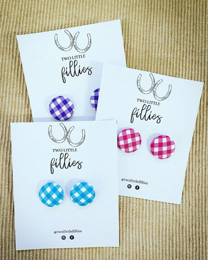 Handcrafted Hot Pink Gingham Fabric Studs